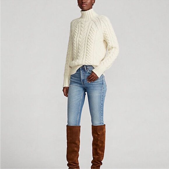 Polo Ralph Lauren Aran Knit Wool Alpaca Blend Mock Turtleneck Sweater in Cream - Picture 1 of 16